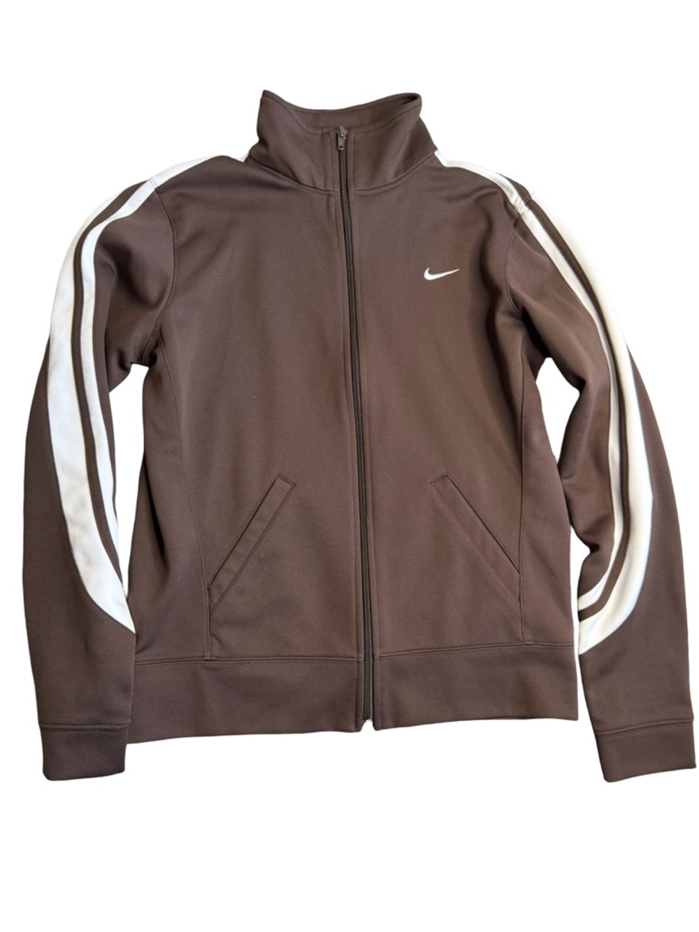 Nike Track Jacket Womens Large Brown Full Zip Swoosh Stripe Athletic Y2K